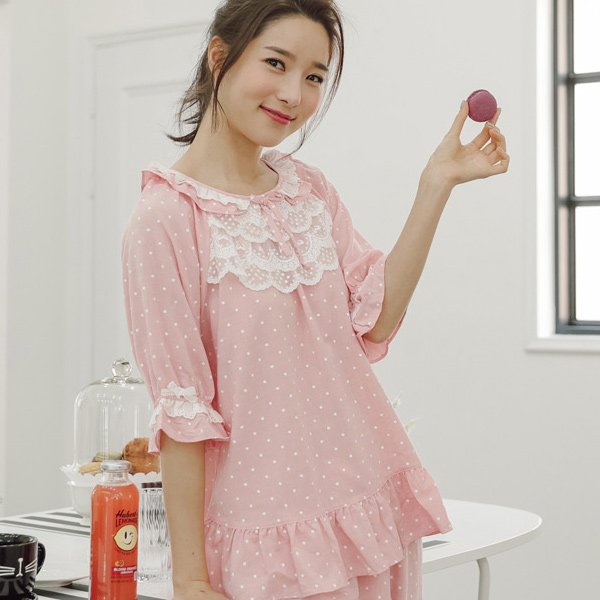 여성잠옷 핑크도트 5부소매 레이스 상하세트