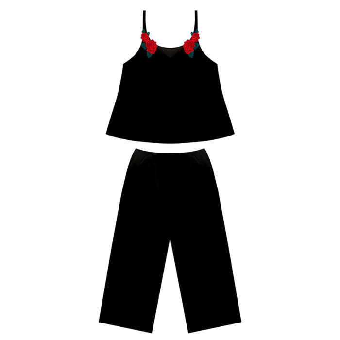 알콩단잠 여성잠옷 벨라로자 벨벳 끈 투피스 상하세트 (블랙)
