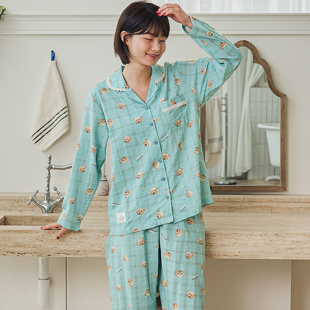 여성실내복 체크무늬 곰돌이파자마 이사선물 면레이온 홈웨어 잠옷세트 (카라형)